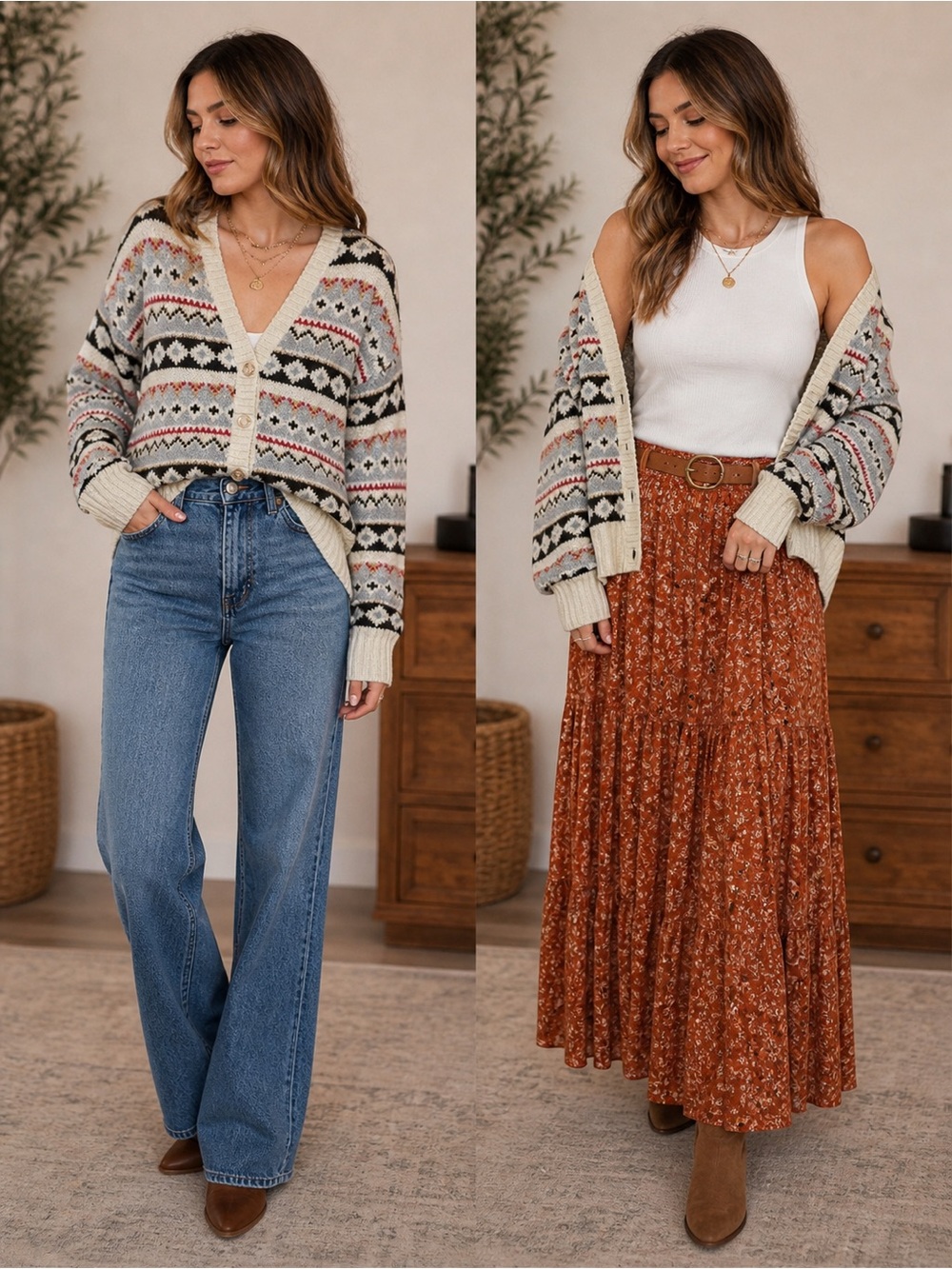 American Eagle Outfitters Women's Cream and Brown Cardigan